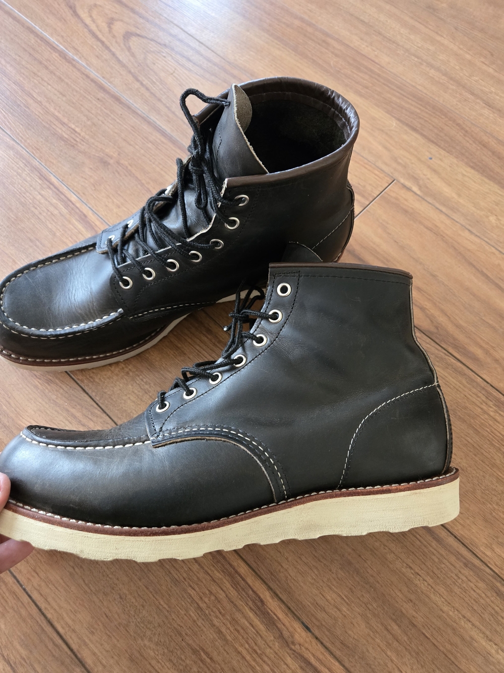 Red Wing Shoes Black Leather Moc Toe Work Boots with Cream Wedge Sole 8890